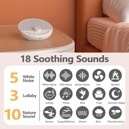 Portable White Noise Sound Machine with 18 Sleep Sounds, Battery Powered Bluetooth Function Knob Volume Control Sleep Timer, Travel White Noise Machine for Sleeping Adults Baby(White)