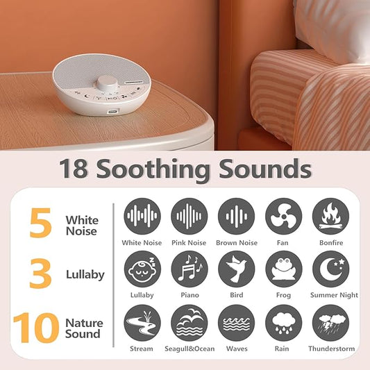 Portable White Noise Sound Machine with 18 Sleep Sounds, Battery Powered Bluetooth Function Knob Volume Control Sleep Timer, Travel White Noise Machine for Sleeping Adults Baby(White)