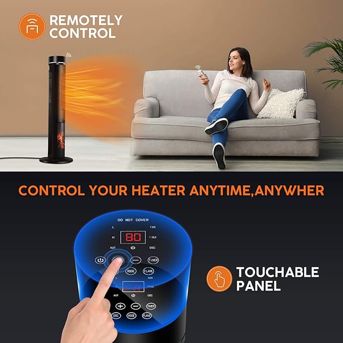 Electric Space Heater for Large Room - 36" Ceramic Tower Space Heater for Room Heating w/Thermostat, Fast Heating, 3D Realistic Flame, Oscillating, Remote Control, Ideal for Home/Livingroom