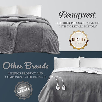 Beautyrest Heated Electric Blanket for Cold Weather, Fast Heating Heated Blanket, Auto Shut Off, Virtually Zero EMF, Multi Heat Setting, UL Certified, Grey Queen (90 inx84 in)