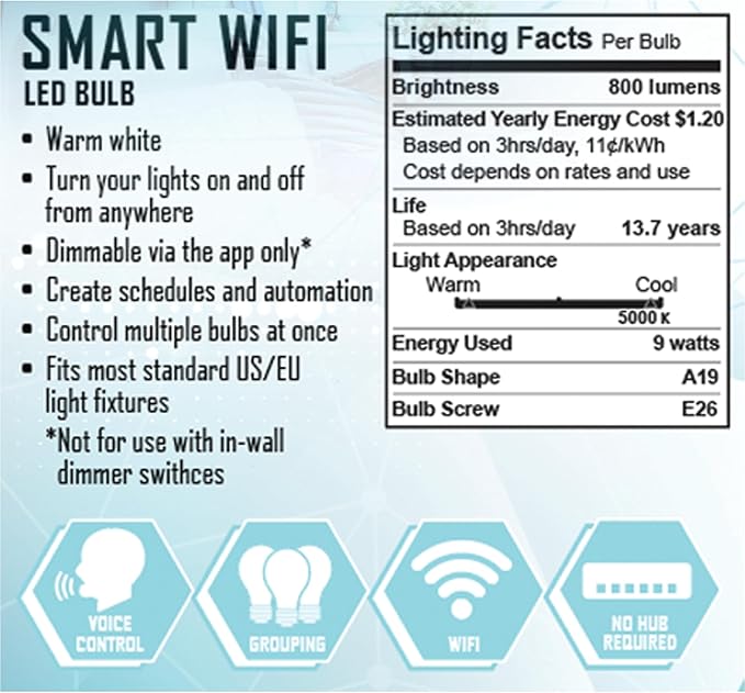 Xtreme 4 Pack Smart Wi-Fi Dimmable Warm White LED Light Bulb, A19, E26, Mobile App Control