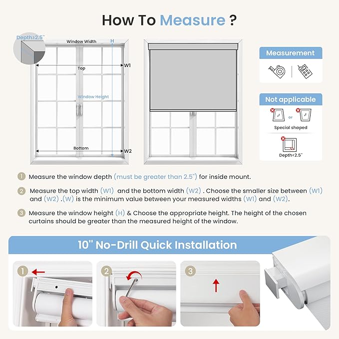 Grandekor No-Drill No Tools Motorized Blinds with Remote | Electric Blackout Smart Roller Shade/APP/Voice Control-for Home Office, Living Room, Customize Color Size
