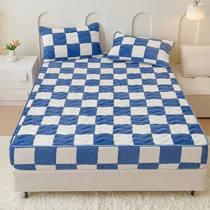 Milk Velvet Checkered Bedding Mattress Cover, Super Soft Elastic Bed Sheets with Pillowcase - Washable 12'' Deep Pocket Mattress Pad