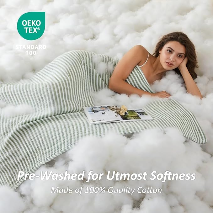EMME Cotton Muslin Queen Blanket Bed Layering Bedspread Coverlet Breathable Gauze Soft Lightweight Adults (Striped Sage Green, 90"x90")