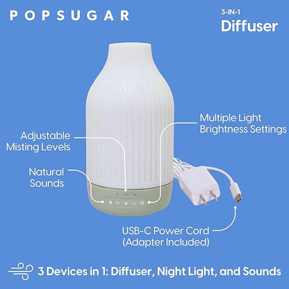 POPSUGAR 3-in-1 Aromatherapy Essential Oil Diffuser for Rooms and Home, Humidifier with Light and Natural Sound Settings, Auto Shut Off