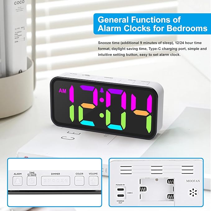 Alarm Clocks for Bedrooms Heavy Sleepers - Snooze for Deep Sleepers Adults Home Office, Digital Alarm Clock with Type-C Charging Port, Large Bold Number Display, Adjustable Alarm Volume and Dimmer