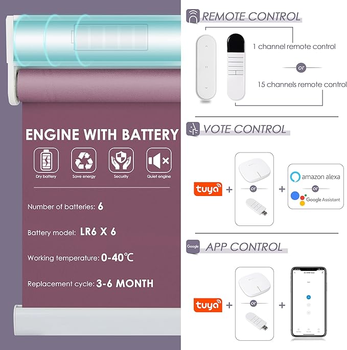 Allesin Motorized Roller Shade Blinds Work with Alexa for Window, 100% Blackout Smart Shades Cordless with Remote Control, Electric Automated Blinds for Window, Customized Size for Smart Home (Purple)