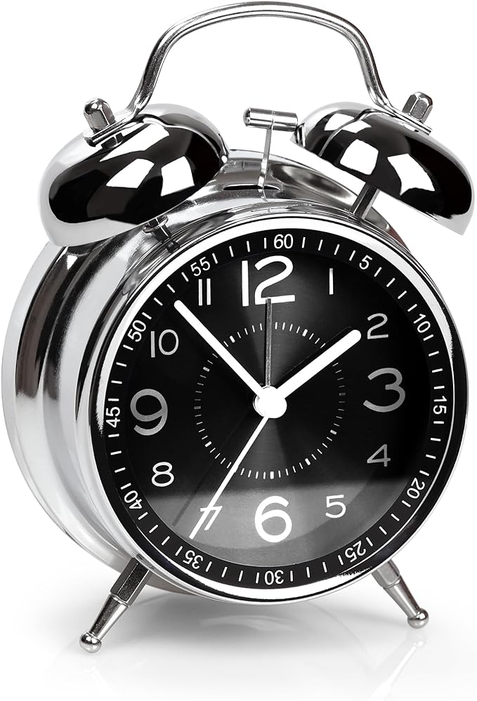 Super Loud Alarm Clock for Heavy Sleepers Adults,Twin Bell Retro 4 Inch Silent Non-Ticking Quartz with Backlight, Metal dial, Alarm Clocks for Bedrooms Bedside (Black)