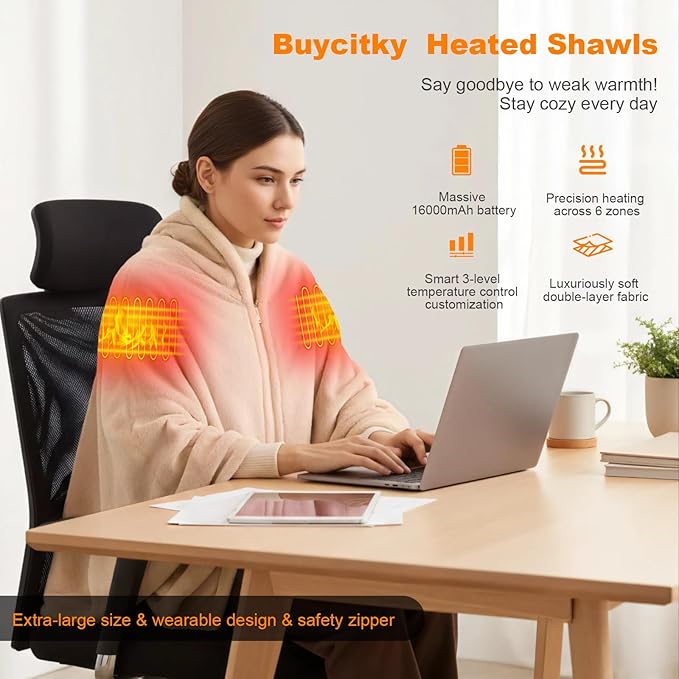 16000mAh Heated Blanket Battery Operated Soft Cordless Heated Blanket Shawl Portable Heated Throw Blanket Poncho Wraps Fast Heating with 3 Heat Levels 6 Heating Zones