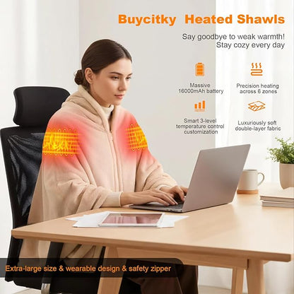 16000mAh Heated Blanket Battery Operated Soft Cordless Heated Blanket Shawl Portable Heated Throw Blanket Poncho Wraps Fast Heating with 3 Heat Levels 6 Heating Zones