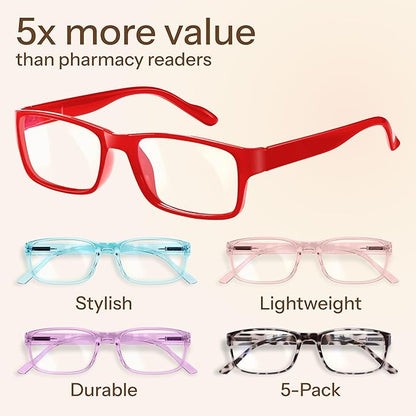 Gaoye Reading Glasses Blue Light Blocking, Spring Hinge Readers for Women Anti Glare Filter Lightweight Eyeglasses (5-Pack Mix Color 2, 1.0)