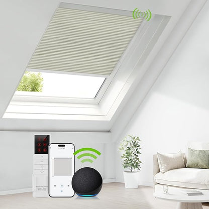 ZSTARR Motorized Skylight Shades Blackout Cellular Honeycomb Electric Blinds with Solar Panel Cordless Rechargeable with Remote for Roof and Slanted Windows Custom Size (LF Printed Olive)