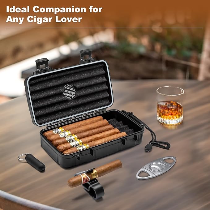 Flauno Travel Cigar Humidor Case - Portable Humidor Kit with Lighter (Without Gas), Cutter, Holder, Humidifier & Dropper, Waterproof, Crushproof, Airtight Seal (Holds up to 10 Cigars)
