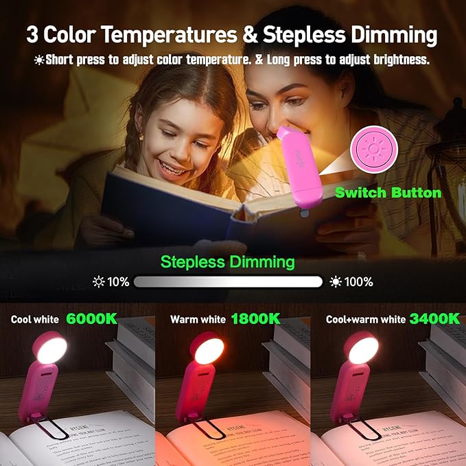 VAVOFO USB Rechargeable Book Light, Blue Light Blocking, Amber Light Clip On Bookmark Shaped Reading Light, Eye Care 6 LEDs Book Light for Bookworms Reading in Bed with 9 Lighting Modes (Rose)