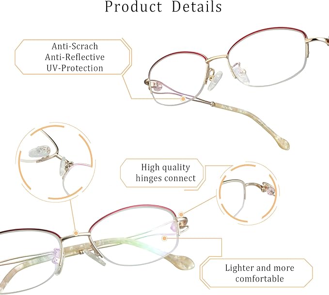 LifeArt Alloy Semi-Rimless Reading Glasses,Blue Light Blocking Glasses, Anti Eyestrain, Computer Gaming Glasses, TV Glasses for Women Men, Anti Glare (Yellow, +4.00 Magnification)