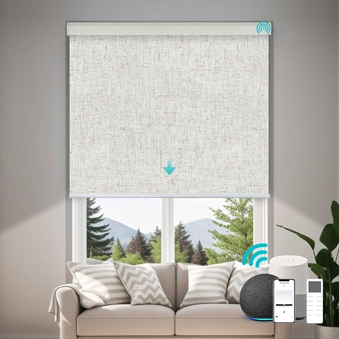 Motorized Blinds with Remote, Custom Automatic Electric Blackout Smart Blinds for Windows, Motorized Window Roller Shades Compatible with Alexa Google for Home Office, Textured Flax
