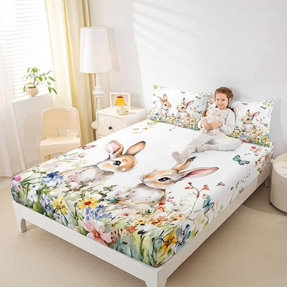 Cute Rabbits Bed Sheet Queen Size Easter Watercolor Spring Bedding Set Flower Floral Farmhouse Fitted Sheet Kids Boys Girls Room Decor White Colorful Soft Sheets with 2 Pillowcase,No Top Flat