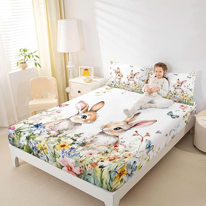 Cute Rabbits Bed Sheet Full Size Easter Watercolor Spring Bedding Set Flower Floral Farmhouse Fitted Sheet Kids Boys Girls Room Decor White Colorful Soft Sheets with 2 Pillowcase,No Top Flat