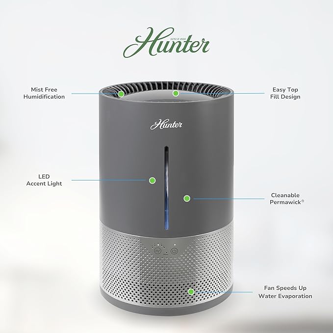 HHE150 Hunter Aspire 4.8L Evaporative Humidifier with PermaWick Filter (4.8L) - Remove Contaminants & White Dust for Clean Mist & Air – Medium Humidifier for Home, Bedroom, or Dorm - Graphite