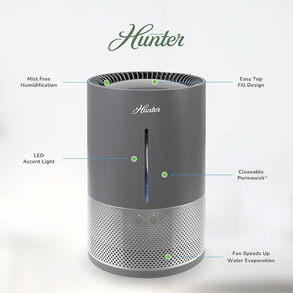 HHE150 Hunter Aspire 4.8L Evaporative Humidifier with PermaWick Filter (4.8L) - Remove Contaminants & White Dust for Clean Mist & Air – Medium Humidifier for Home, Bedroom, or Dorm - Graphite