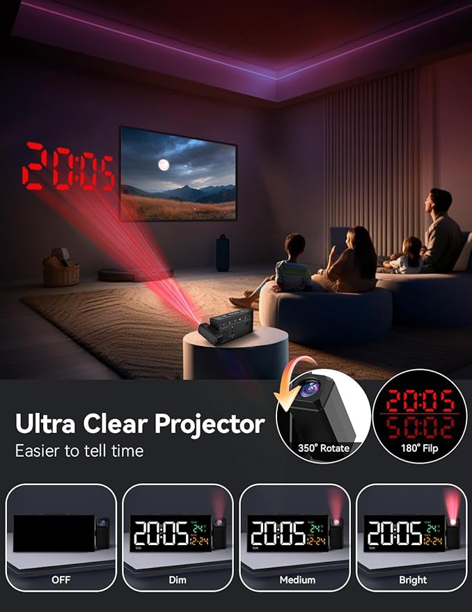 Netzu Projection Clock for Bedroom Ceiling, Alarm Clocks with 180° Rotatable Projector, Date Temperature and Weekday, Manual DST, 5 Brightness, 10 Ringtones, 4 Volumes and Snooze (Black)