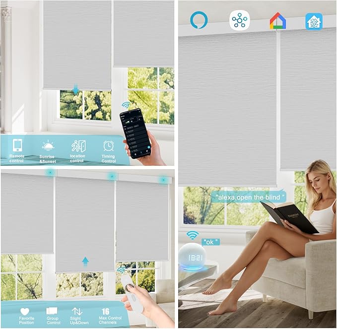 Motorized Blinds with Remote, Smart Blind Roller Shades Compatible with Alexa, Durable Rechargeable Battery Solar Power Electric Window Blinds Motorized Shades Customized Size (Luxury-White)