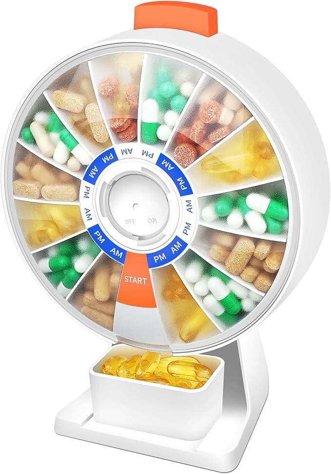 Cruxer Large Pill Organizer 7 Day 2 Times a Day & 14 Day Pill Dispenser, Arthritis Friendly Push-Button Design with Labels, Wall-Mounted & Standing Use, Weekly Pill Box for Vitamins & Medications