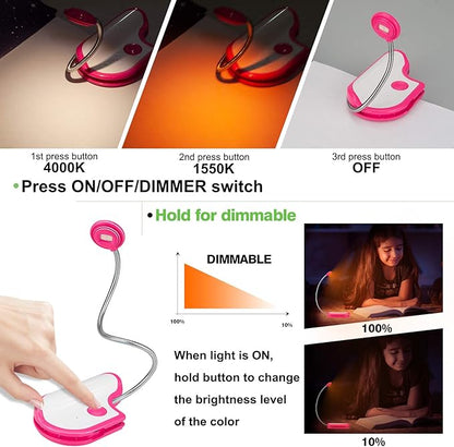 Amber Reading Light Rechargeable, Book Light Kids for Reading in Bed, Clip On Reading Book Light, 2 Lighting Modes, Blue Light Blocking for Eye-Care, Small Bookmark Light for Bookworm-Magenta