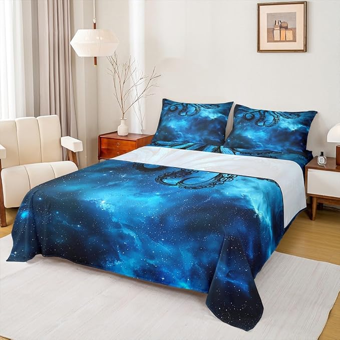 Octopus Sheet Set Twin Size Sealife Dark Blue Starry Sky Bed Sheet Set 3pcs with Deep Pocket Fitted Sheet + Flat Sheet + 1 Pillowcase Ocean Animal Abstract Soft Bedding Set for Kids Teens Room Decor