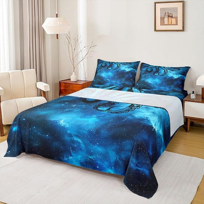 Octopus Sheet Set Twin Size Sealife Dark Blue Starry Sky Bed Sheet Set 3pcs with Deep Pocket Fitted Sheet + Flat Sheet + 1 Pillowcase Ocean Animal Abstract Soft Bedding Set for Kids Teens Room Decor
