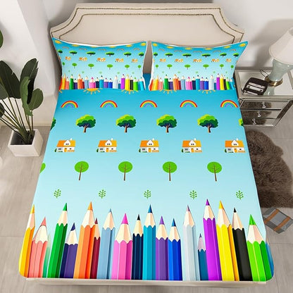 Manfei School Teal Blue Bed Sheet Queen Size,Colorful Lines School Learning Theme Sheets,Cartoon Sun Rainbow Tree House Graffiti Bedding Sets (1 Fitted,1 Flat,2 Pillowcases) Deep Pocket Bed Sheets