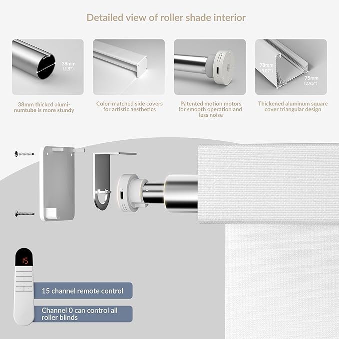 Boolegon Motorized Roller Blinds with Remote Control,Light Filtering Linen Fabric-Matched Automatic Roller Shades for Windows,Rechargeable Electric Window Shades for Home,Office,White,Custom Now