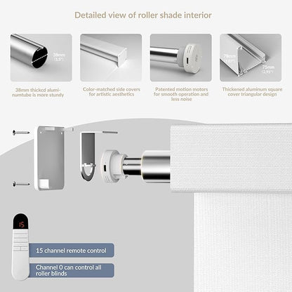 Boolegon Motorized Roller Blinds with Remote Control,Light Filtering Linen Fabric-Matched Automatic Roller Shades for Windows,Rechargeable Electric Window Shades for Home,Office,White,Custom Now