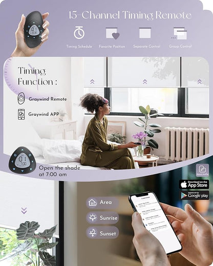 Graywind Motorized Light Filtering Shades Compatible with Alexa Google Rechargeable Remote Control Smart Blinds Automatic Window Shade with Valance for Home Office, Custom Size (Pure White)