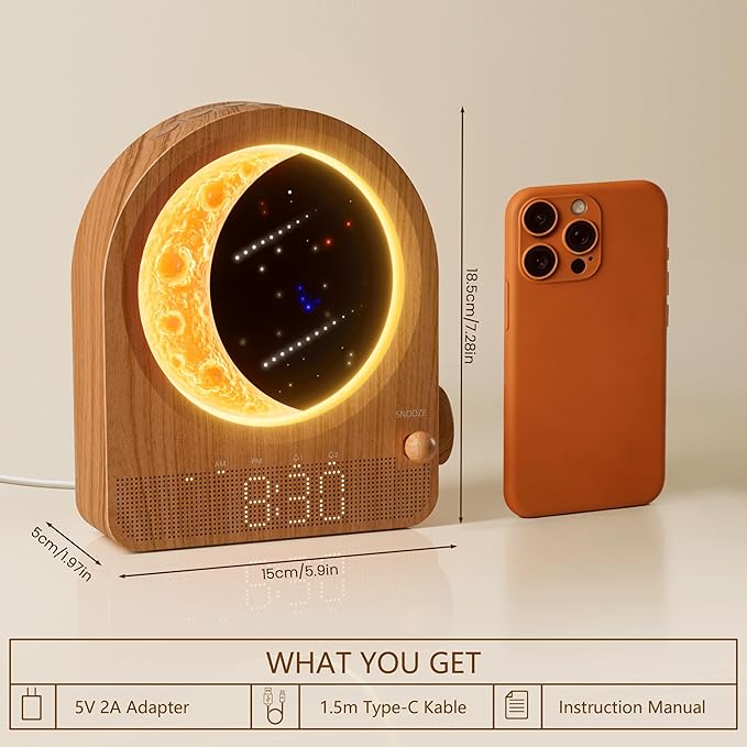 Sunrise Alarm Clocks with Dimmable Moon Lamp, 2 Alarm Clocks with 12Levels Volume for Heavy Sleepers, 10 Natural Sounds with 30/60/90mins Timer for Bedrooms, Gifts for Women (Brown Woodgrain)