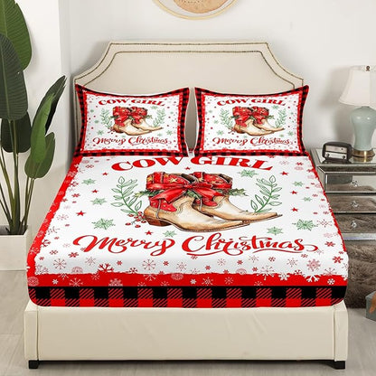 Christmas Cowgirl Bed Sheet Set Western Tribal Boots Red Bowknot Bow Sheet Sets Deep Pocket(No Flat Sheet),Xmas Snowflake Red Black Plaids Patchwork Mattress Cover,Twin with 1 Pillowcase