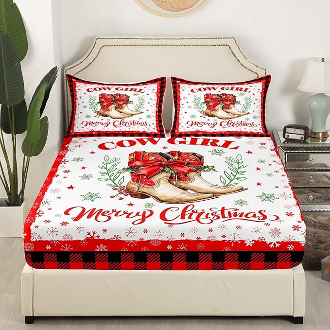 Christmas Cowgirl Fitted Sheet Set with 2 Pillowcase,Western Tribal Boots Red Bowknot Bow Microfiber Mattress Cover,Xmas Snowflake Red Black Plaids Patchwork Bed Cover Queen Size