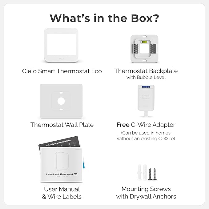 Cielo Smart Thermostat Eco (for Central HVAC) | Energy Star Certified | Supports Conventional Systems up to (2H/2C) & Heat Pumps (4H/2C) | Free C-Wire Adapter | NOT for Mini Split Systems | White