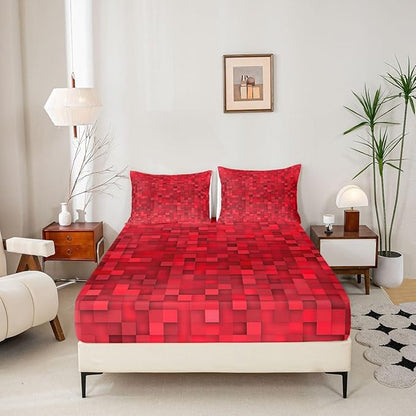 Pixel Grid Kids Twin Size Fitted Sheet,Pixelated Video Game Gamepad Boys Girls Bed Sheets,Geometric Square Gaming Room Decor,Red Bedding Set,1 Pillowcase(No Flat)