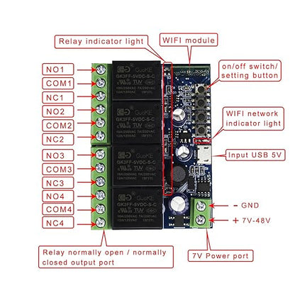 Ewelink WiFi Wireless Smart Relay Module USB 5v 4 Channel Inching Self-Lock Latched Dry Contact Remote Toggle Switch for Access Control, Garage Door,Home Automation, Compatible with Alexa Google Home