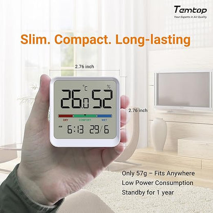 Temtop Indoor Thermometer Hygrometer, Precision Digital Temp/Humidity Monitor with Magnet & 3M Sticker, Date & Time, Wall/Magnet/Stand Mount, for Home, Office, Nursery, T1-SE 2 Pack