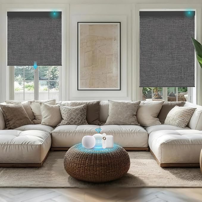 Motorized Blinds with Remote, Smart Blind Roller Shades Compatible with Alexa, Durable Rechargeable Battery Solar Power Electric Window Blinds Customized Size (3-Layer Dark Grey)