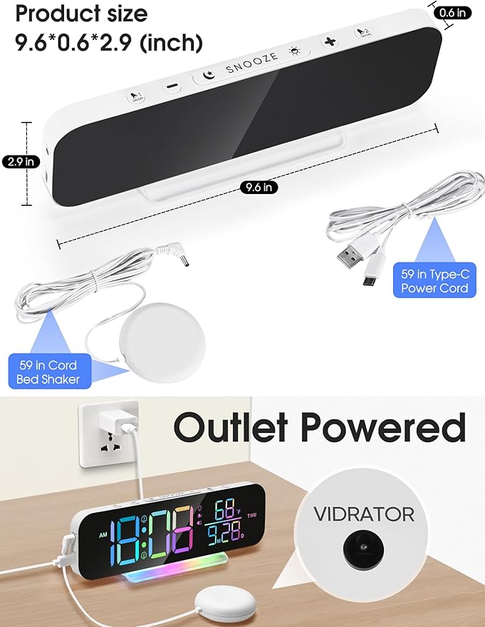 Extra Loud Vibrating Alarm Clock with Bed Shaker,Large LED Digital Display,Dual Alarms,Multiple RGB Colors,Dimmable Volume Adjustable,for Deep Sleepers and Hearing Impaired Deaf Seniors