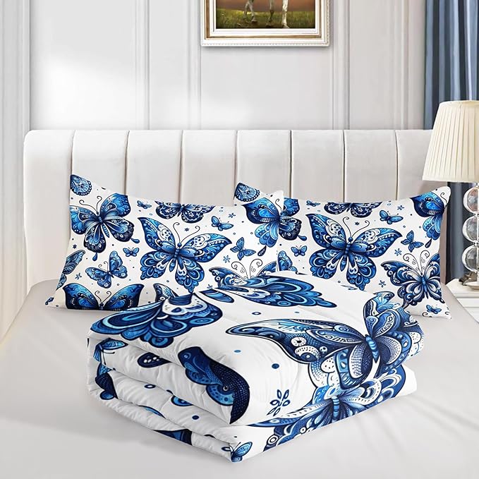 Blue Butterfly Comforter Bedding Set Twin Size,Bohemian Style Blue Series Bedding for Kids Girls Boys,Insect Themed Children's Bedding Soft Fluffy Comforter Sets with 2 Pillowcases.