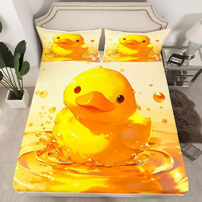 Lovely Duck Kids Fitted Sheet Twin Size,Cartoon Bird Animal Country Nature Bedding Set,Boys Girls Room Decor,Cute Pond Animals Farmhouse Bed Cover,Yellow Rustic Bed Sheet,1 Pillowcase