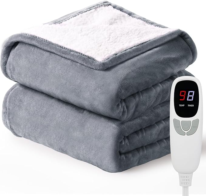 Heated Throw Blanket 50''x60'' Electric Blanket with 9 Heating Levels 10 Timer Modes Auto-Off Fast Heating Overheat Protection ETL Certified Machine Washable Gift, Grey