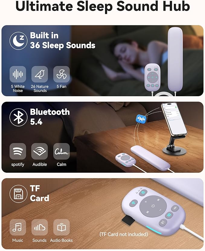 Under Pillow Speaker Bluetooth 5.4 with Bone Conduction, Wired Remote, 3 Timer - White Noise Sound Machine, 24H Playtime, 36 Soothing Sleep Sounds for Adults, Kids, Side Sleepers, Office Nap