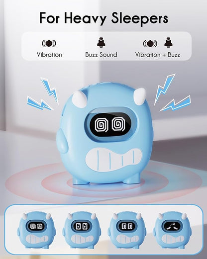 Monster Vibrating Alarm Clock - 3000mAh Rechargeable Battery 120-Day, Strong Vibration for Heavy Sleepers, Cute Emoji Faces, Dual Alarms, Portable Bed Shaker Perfect for Kids, Travel and Dorm Rooms