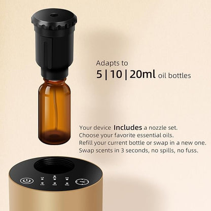 Waterless Essential Oil Diffuser Battery Operated Cordless Aromatherapy Diffuser with Timing & 3 Mist Levels car Diffuser，Black Aluminum Alloy (Gold)