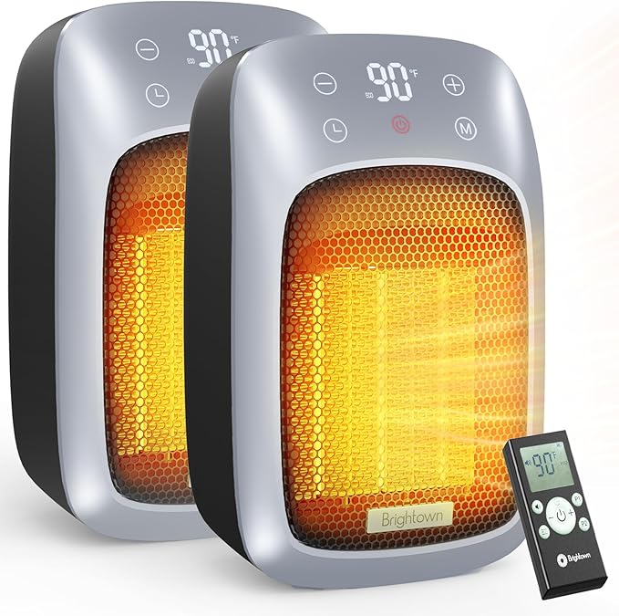 Brightown Portable Plug in Wall Heater for Indoor Use with Thermostat, 800W Small Electric Space Heater with Remote, LED Display, 12H Timer, Quick Heat, Safe for Bathroom Office Bedroom, 2PCS